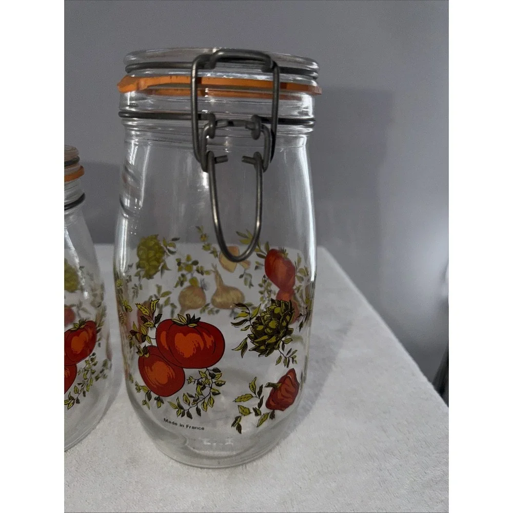 ARC France Vintage Spice Of Life Mushroom Veg Glass Canister Jar Set Of 3 1970s